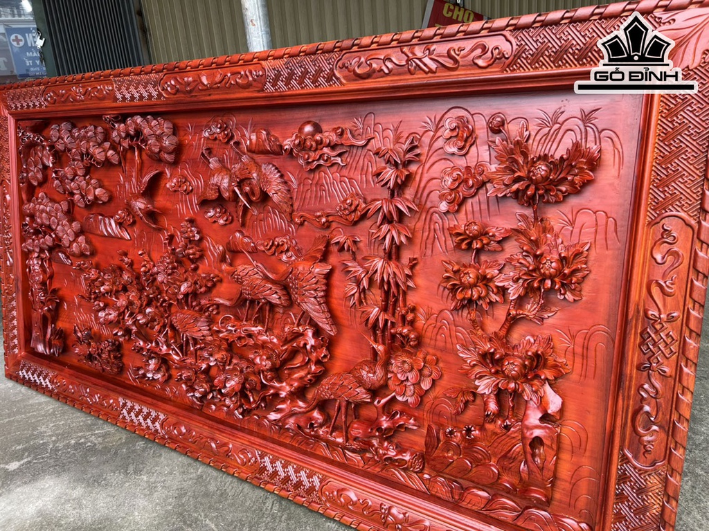 Tranh Cửu Hạc Gỗ Hương Cao 107 Ngang 217 Khung 7 Ván 7 (cm)