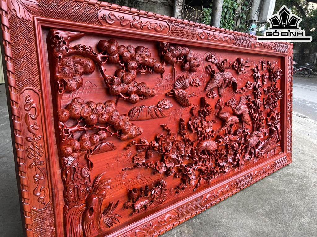Tranh Cửu Hạc Gỗ Hương Cao 107 Ngang 217 Khung 7 Ván 7 (cm)