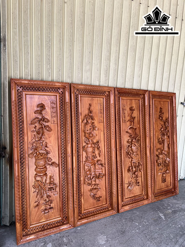 Tranh Tứ Bình Gỗ Hương Cao 127 Ngang 42 Khung 5 Ván 5 (cm)