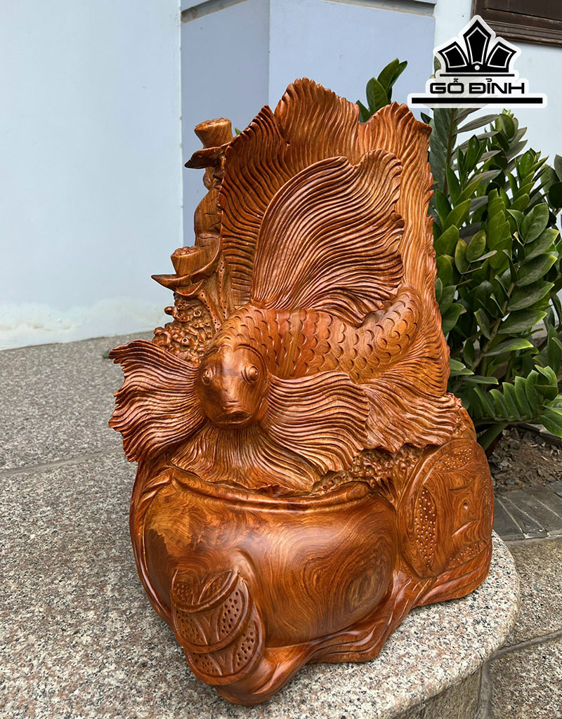 Tượng Cá Xiêm Gỗ Hương Cao 56 Ngang 42 Sâu 30 (cm)