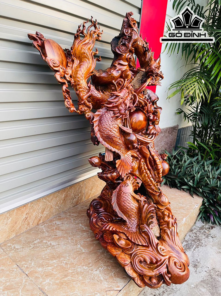 Tượng Ngũ Ngư Hóa Rồng Phong Thủy Gỗ Hương Cao 120 Ngang 75 Sâu 60 (cm)
