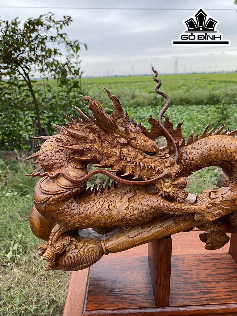 Tượng Nhất Long Quấn Bút Gỗ Cẩm Cao 48 Ngang 72 Sâu 13 (cm)