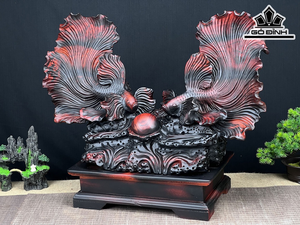 Tượng Cá Xiêm Đôi Gỗ Trắc Cao 47 Ngang 56 Sâu 25 (cm)