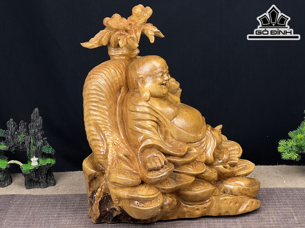 Tượng Phật Di Lặc Nhị Phúc Ngự Tiền Vàng Gỗ Xá Xị Cao 40 Ngang 40 Sâu 26 (cm)
