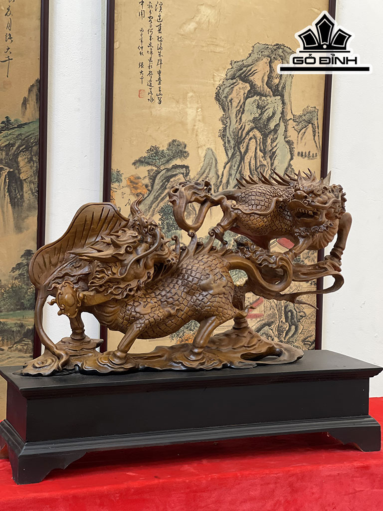 Tượng Song Lân Tài Lộc Gỗ Bách Xanh Cao 34 Ngang 60 Sâu 14 (cm)