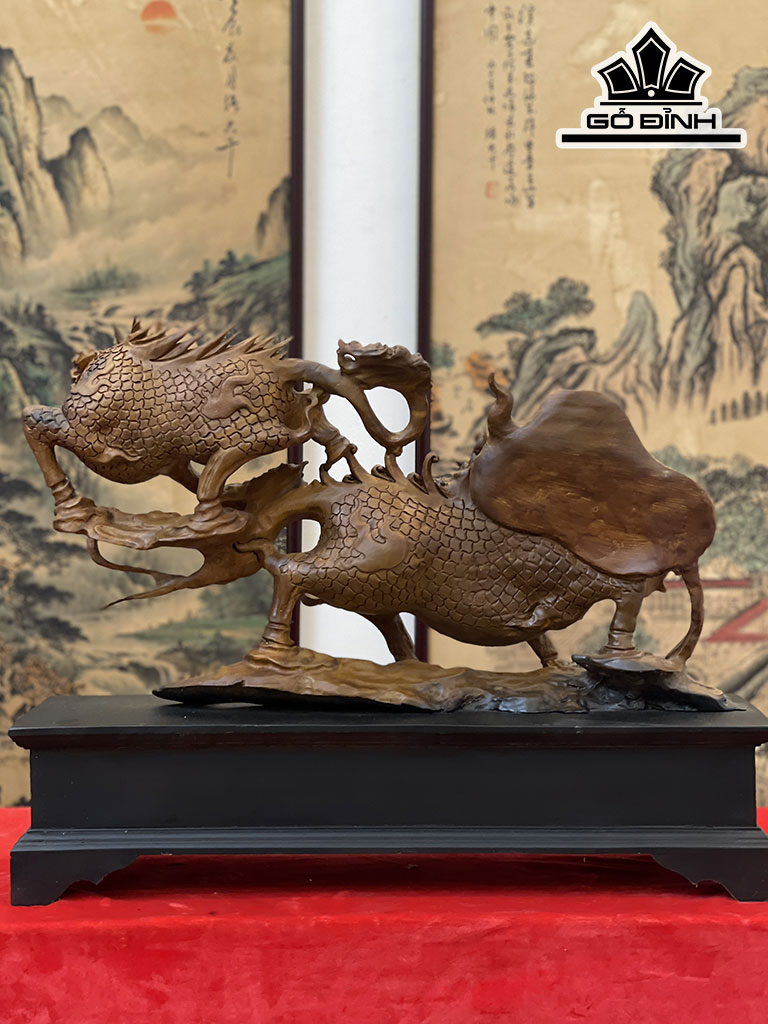 Tượng Song Lân Tài Lộc Gỗ Bách Xanh Cao 34 Ngang 60 Sâu 14 (cm)