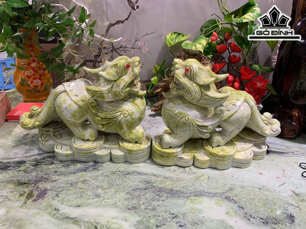 Cặp Tỳ Hưu Đá Serpentine Xanh Cao 23,8 Ngang 15 Sâu 32 (cm) 21kg