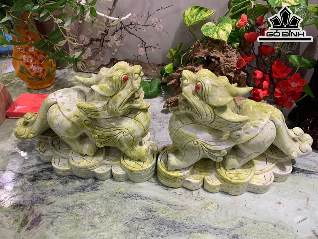 Cặp Tỳ Hưu Đá Serpentine Xanh Cao 23,8 Ngang 15 Sâu 32 (cm) 21kg