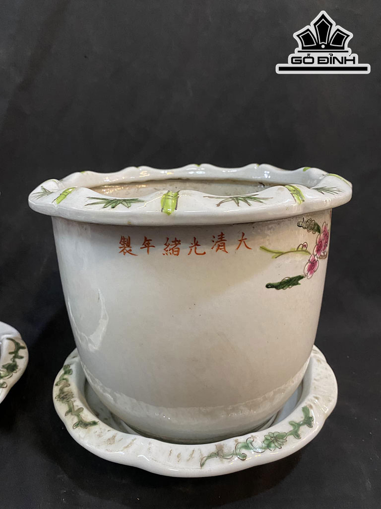 Đôi Chậu Vẽ Chim Hoa Gốm Tàu Cao 21 Đường Kính Miệng 25 (cm)
