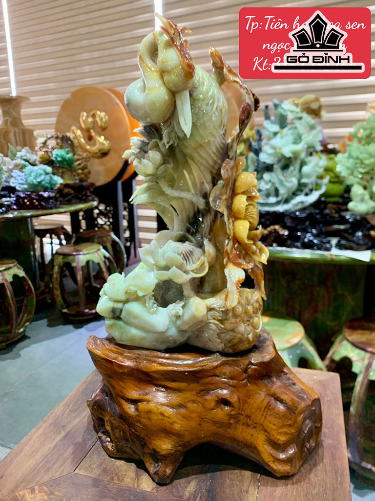 Tác Phẩm Tiên Hạc Hoa Sen Đá Serpentine Cao 37 Ngang 22 Sâu 12 (cm)