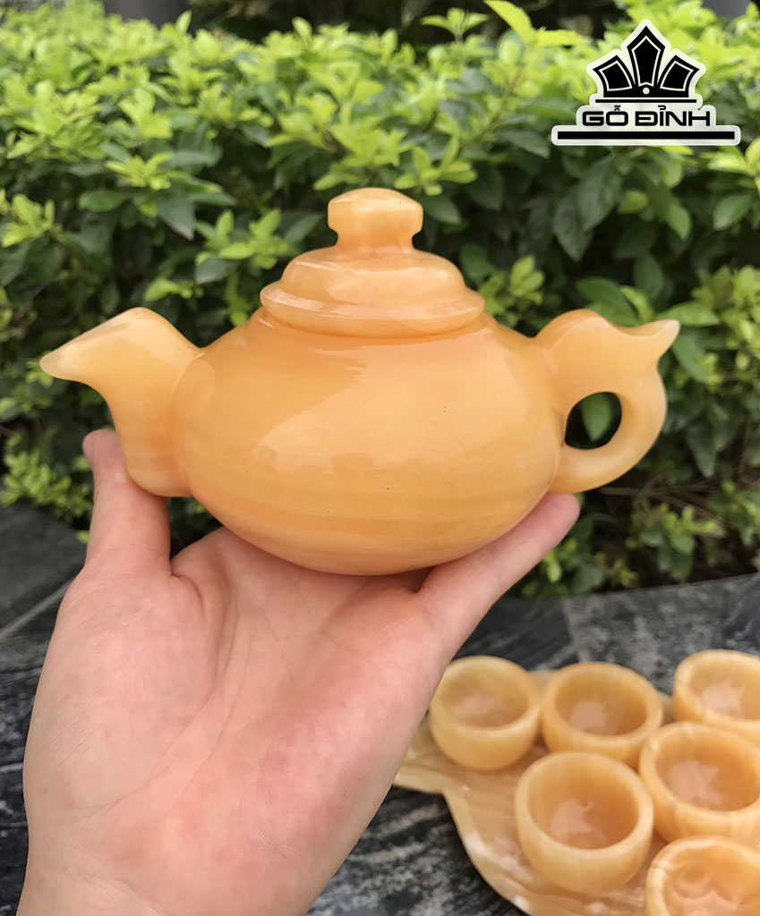 Bộ Ấm Chén Đá Onyx Vàng Ấm Cao 10 Ngang 16 Sâu 9 Chén Cao 5 Ngang 3,3 (cm)