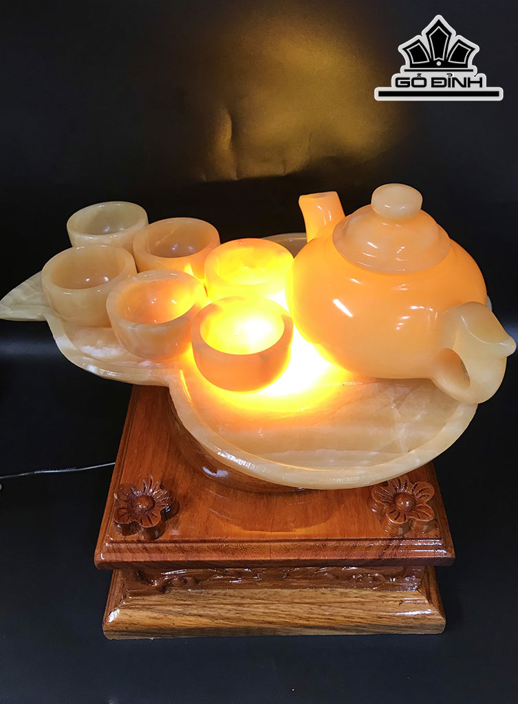 Bộ Ấm Chén Đá Onyx Vàng Ấm Cao 10 Ngang 16 Sâu 9 Chén Cao 5 Ngang 3,3 (cm)