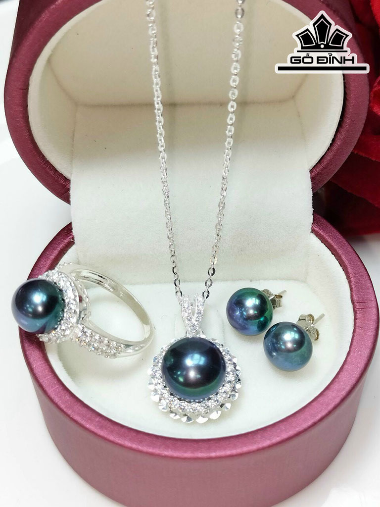 Set 4 Món Ngọc Trai Bán Cầu Xanh Đen Size 8-9 li