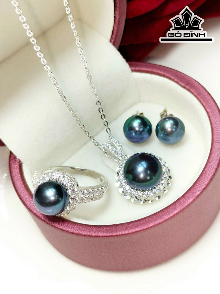 Set 4 Món Ngọc Trai Bán Cầu Xanh Đen Size 8-9 li
