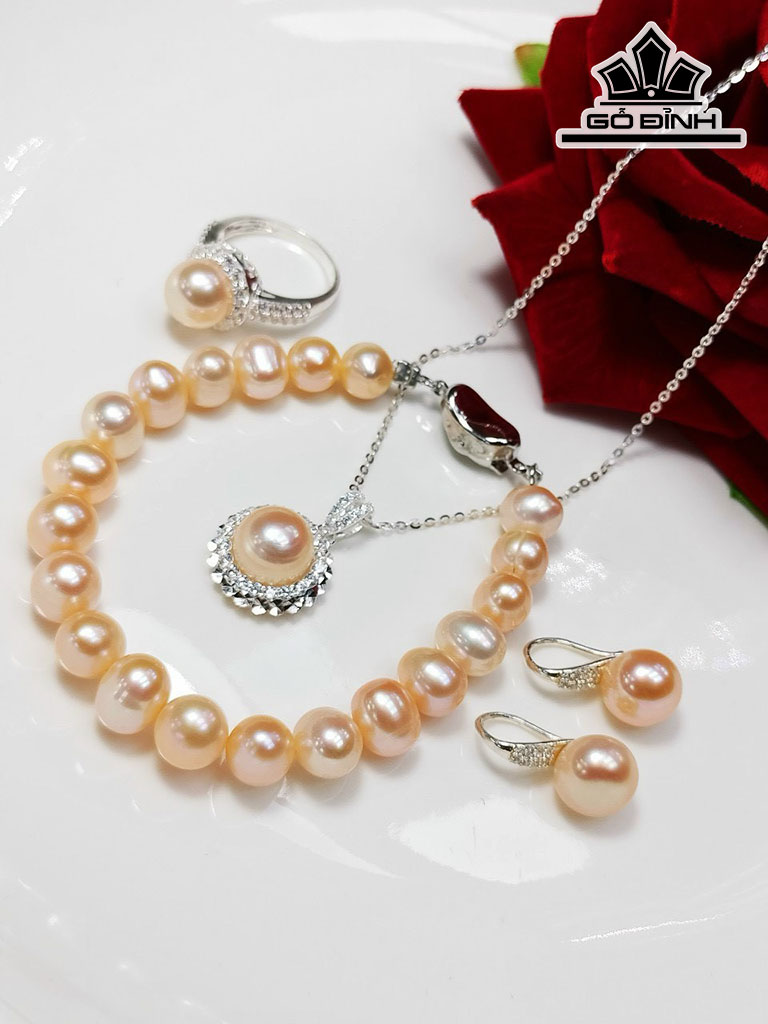 Set Ngọc Trai Nước Ngọt Hồng Cam Size 8 li