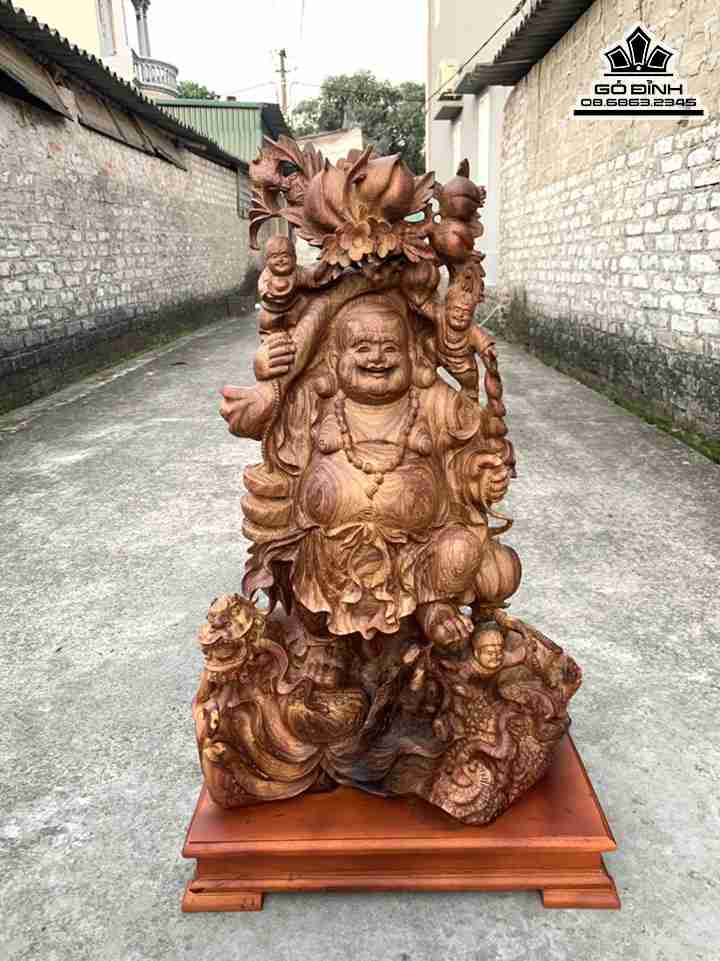 Tượng Phật Di Lặc Vác Cành Đào Gỗ Cẩm Lông Chuột  Cao 80 Ngang 52 Sâu 30 (cm)