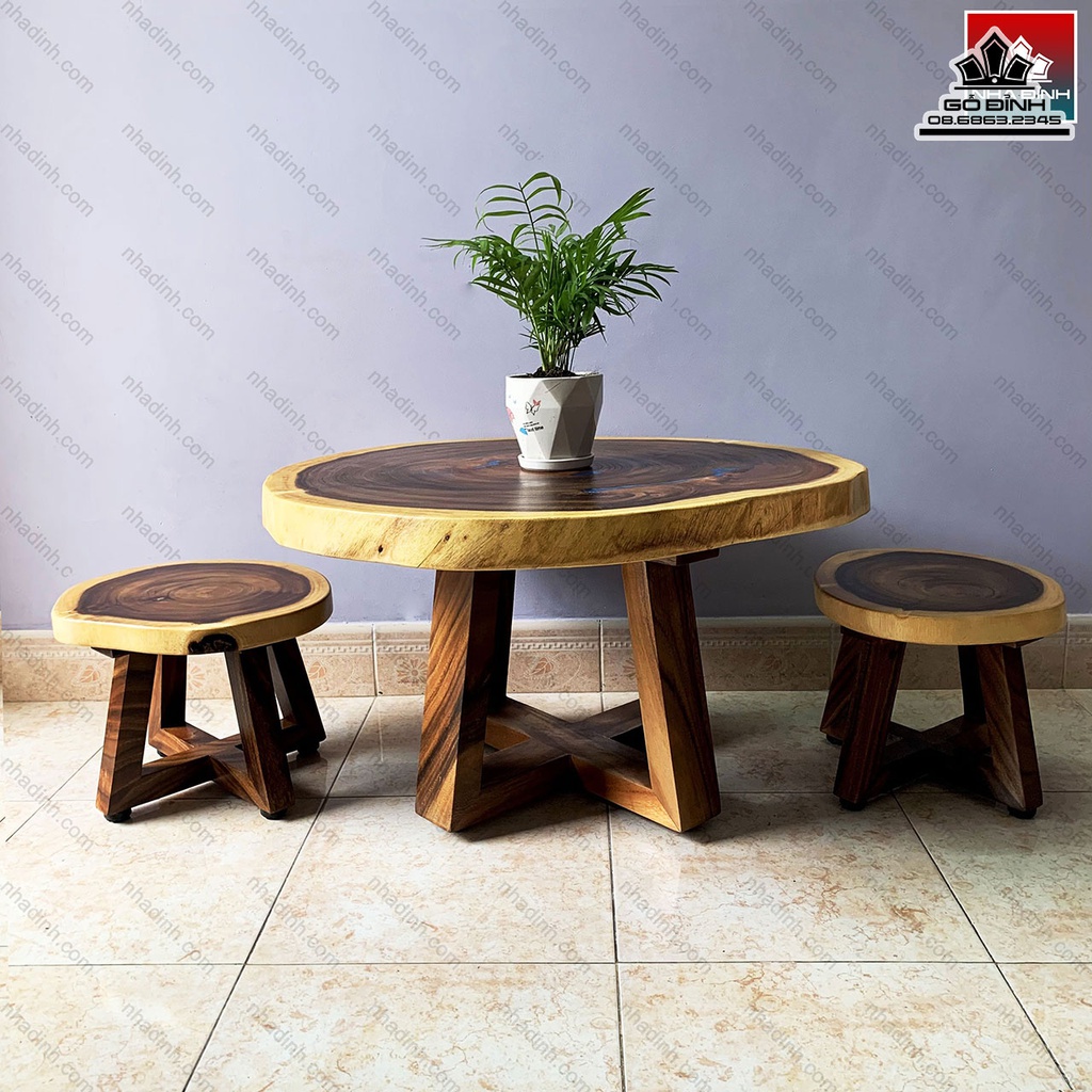 Bộ Bàn Trà 2 Ghế Gỗ Me Tây Đường Kính 70-80 (cm)