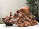 Tượng Phật Di Lặc Ngũ Phúc Vác Bao Tiền Gỗ Bách Xanh Cao 50 Ngang 95 Sâu 26 (cm)