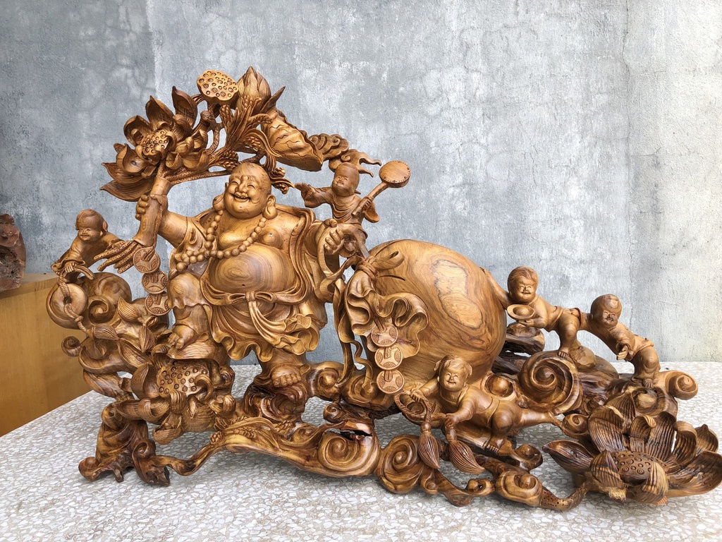 Tượng Phật Di Lặc Ngũ Phúc Gỗ Bách Xanh Cao 52 Ngang 86 Sâu 30 (cm)