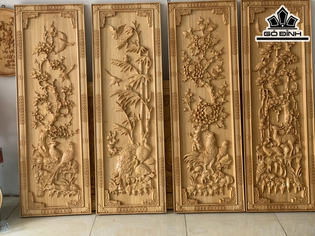 Tranh Tứ Quý Gỗ Pơ Mu Cao 40 Ngang 120 Sâu 4 (cm)