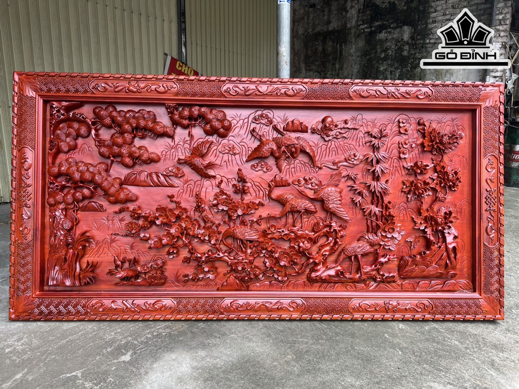 Tranh Cửu Hạc Gỗ Hương Cao 107 Ngang 217 Khung 7 Ván 7 (cm)