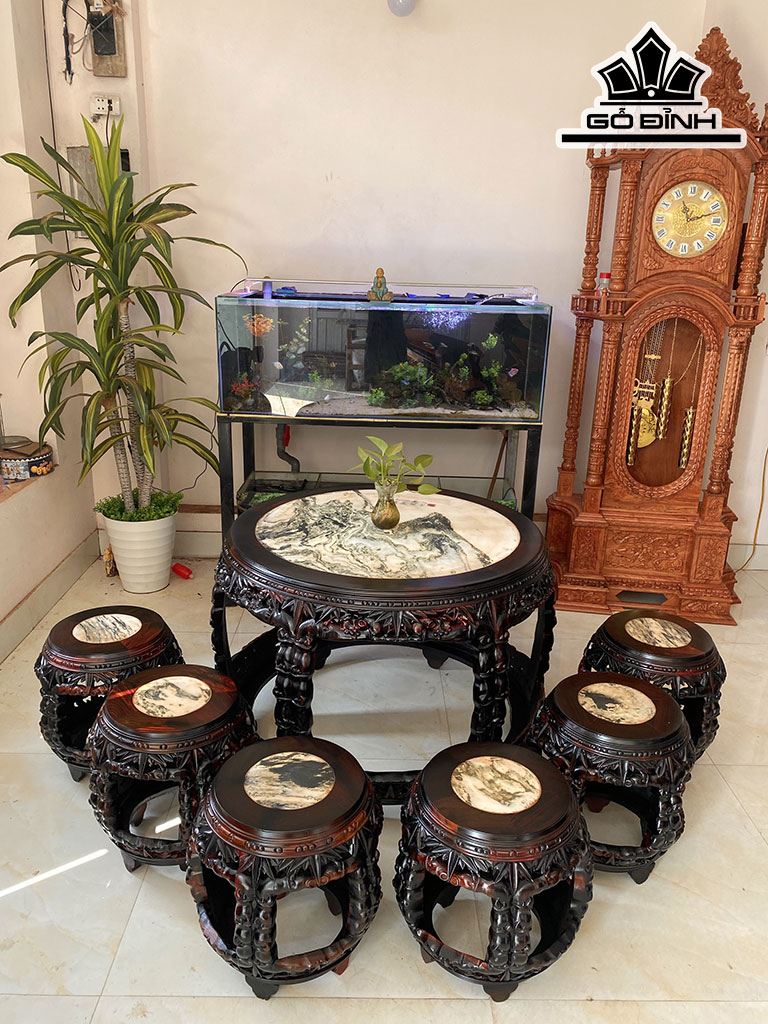 Bộ Đôn Trúc Gỗ Trắc Mặt Bàn Gỗ Cẩm Thạch Cao 70 Đường Kính Mặt 92 (cm)