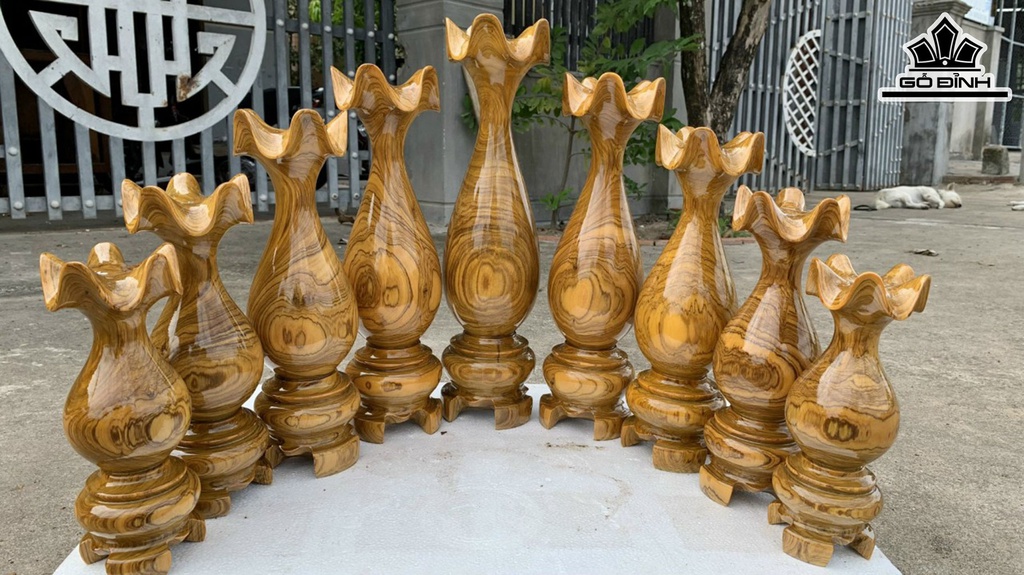 Bộ 9 Bình Trang Trí Gỗ Cẩm Bông Cao 25-45 Đường Kính 10 (cm)