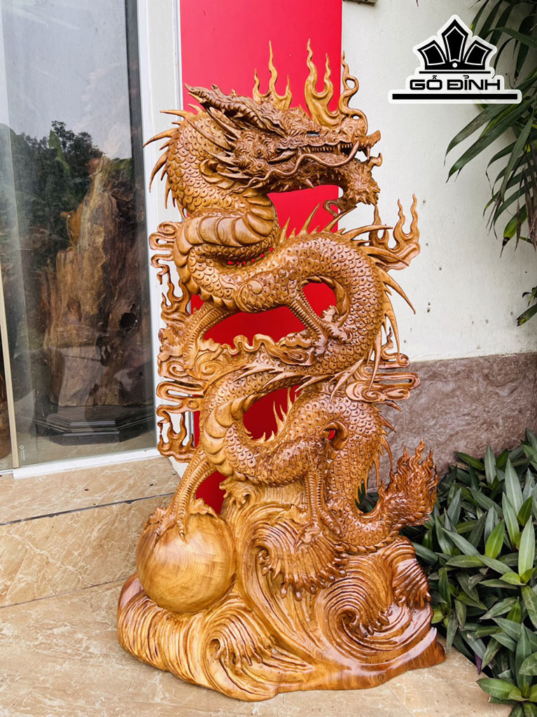 Tượng Nhất Long Vờn Ngọc Gỗ Ngọc Am Cao 95 Ngang 55 Sâu 20 (cm)