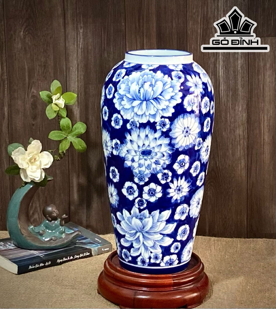 Vò Vẽ Ngàn Hoa Lam Gốm Bát Tràng Cao 36 Miệng 12 (cm)