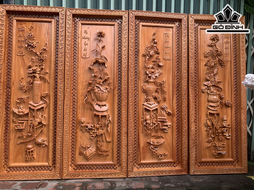 Bộ Tứ Bình Cổ Gỗ Hương Đá Kích Thước 47x127x5 (cm)