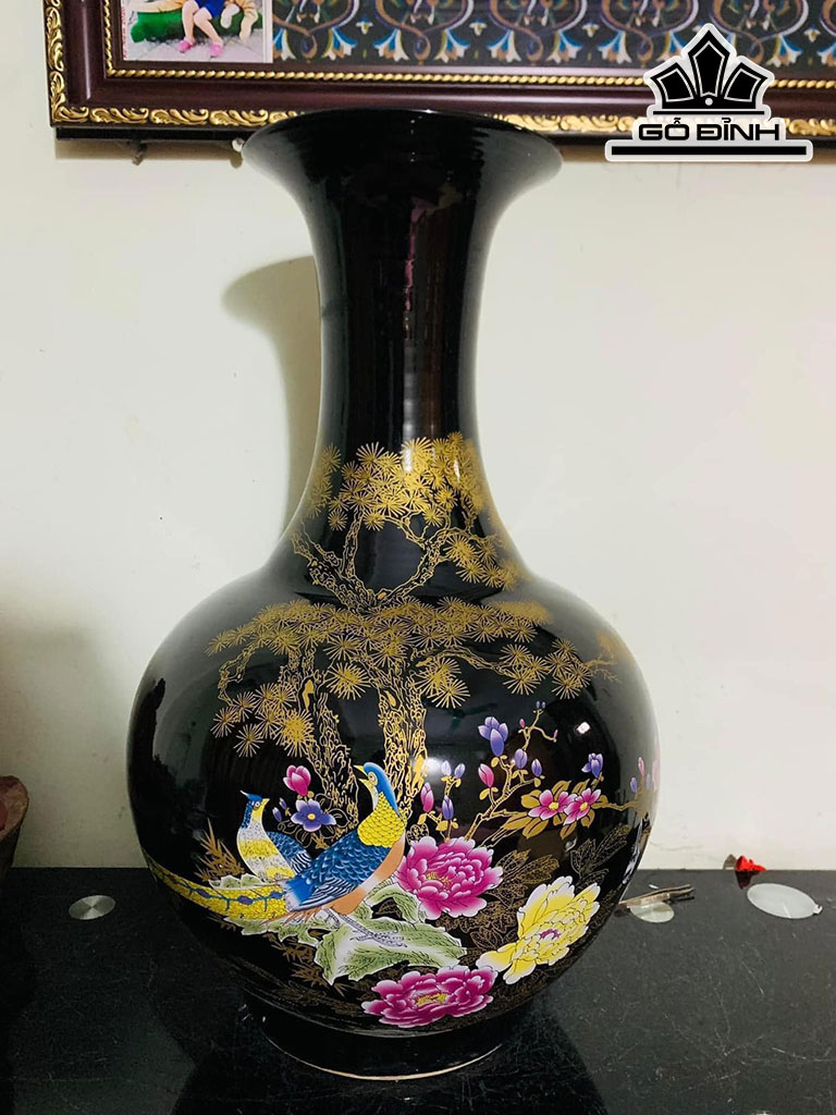 Bình Viền Vàng Vẽ Chim Hoa Men Huyền Thạch Gốm Tàu Cao 60 Đường Kính Bụng 120 (cm)