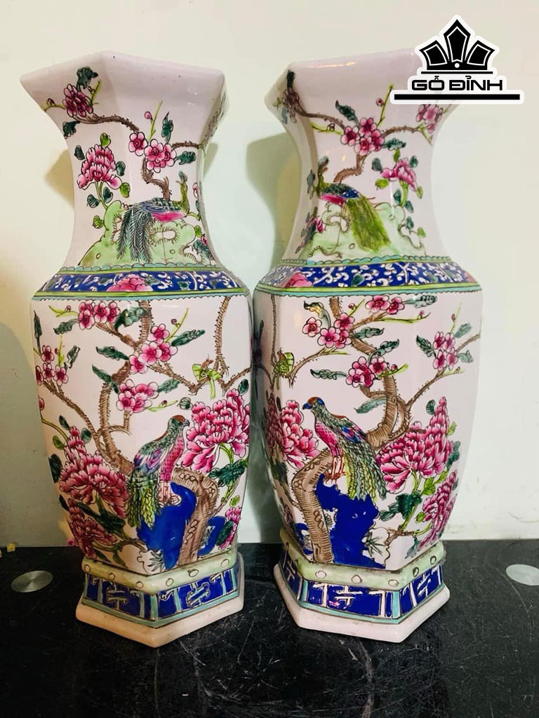 Đôi Lục Bình Vẽ Chim Muông Gốm Tàu Cao 45 Đường Kính Bụng 66 (cm)