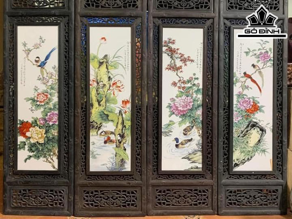 Tranh Tứ Quý Men Ngũ Sắc Gốm tàu Cao 120 Ngang 38 (cm)