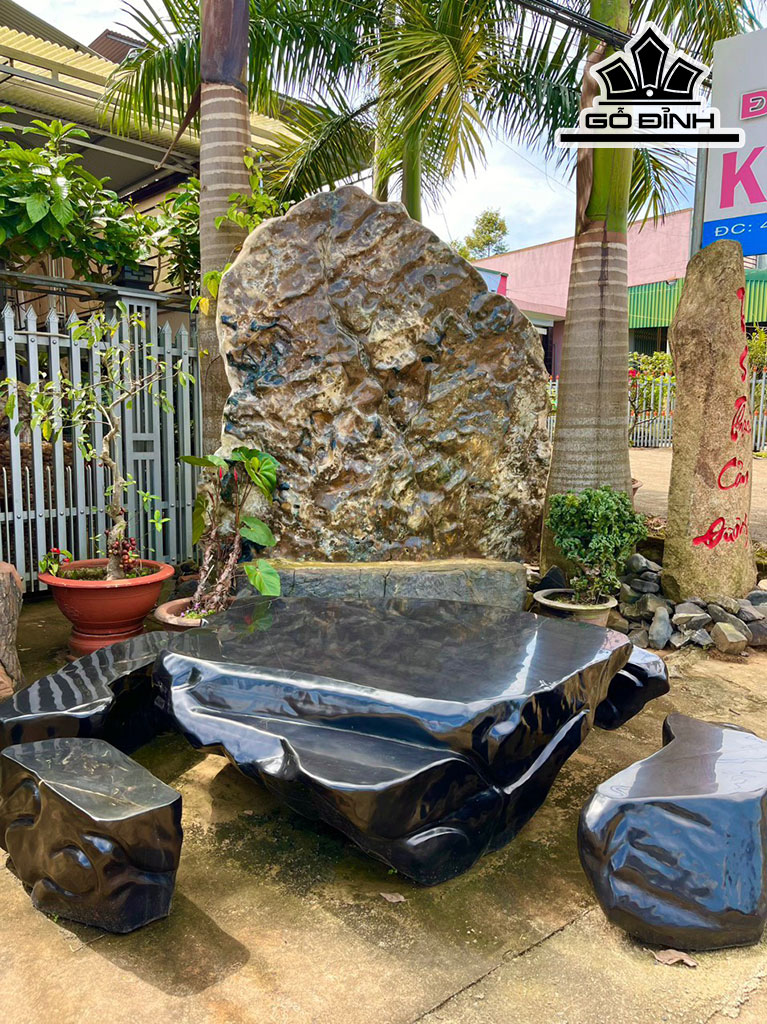 Bộ Bàn 5 Đôn Đá Đen Bồ Kết Bàn Ngang 160 -190 Đôn Ngang 30 - 110 (cm)