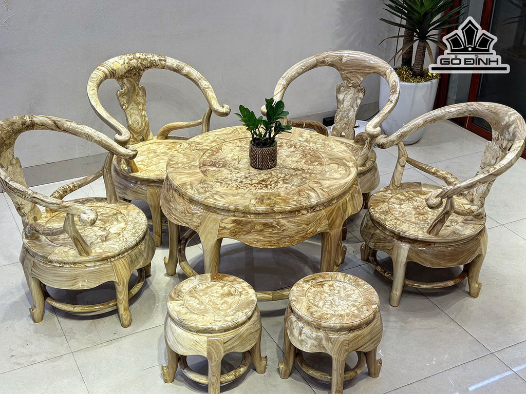 Bộ Bàn Ghế Móc Thúng Gỗ Nu Ngọc Nghiến Bàn Cao 66 ĐK 85 Đôn Nhỏ Cao 40 Đường Kính 34 - 4 Ghế Tựa Cao 40-86 Ngang 67 Sâu 54 (cm)