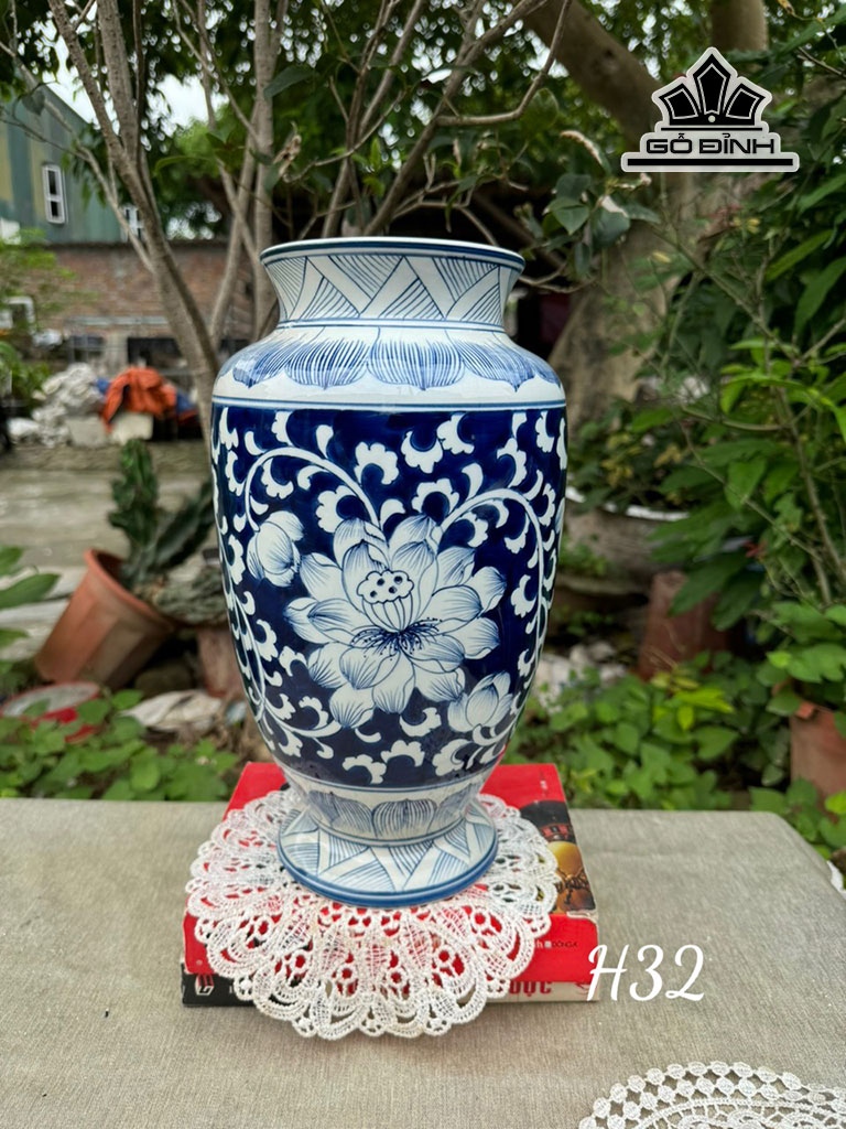 Bình Hoa Vẽ Sen Gốm Bát Tràng Cao 32 (cm)