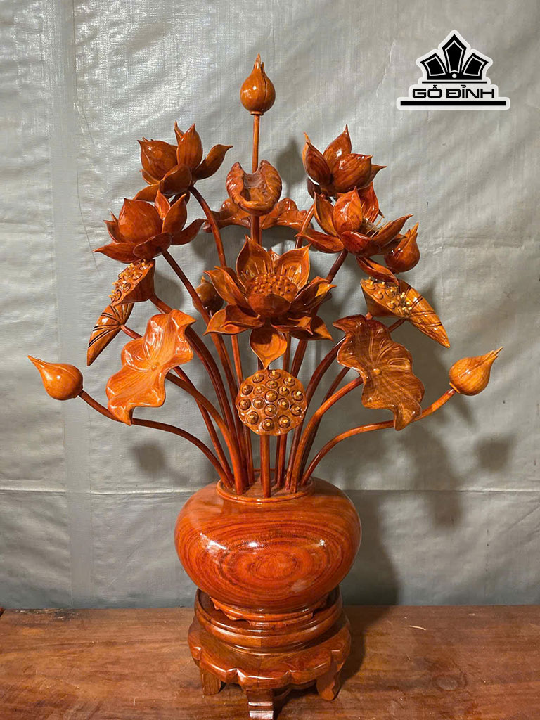 Bình Hoa Sen 21 Bông Gỗ Hương Đỏ Kích Thước 92-57-45 (cm)