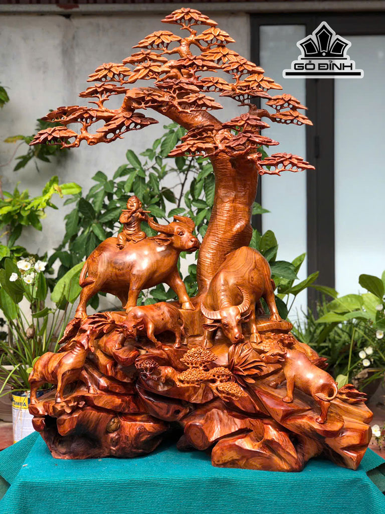 Tượng Gia Đình Trâu Gỗ Hương Cao 117 Ngang 86 Sâu 47 (cm)