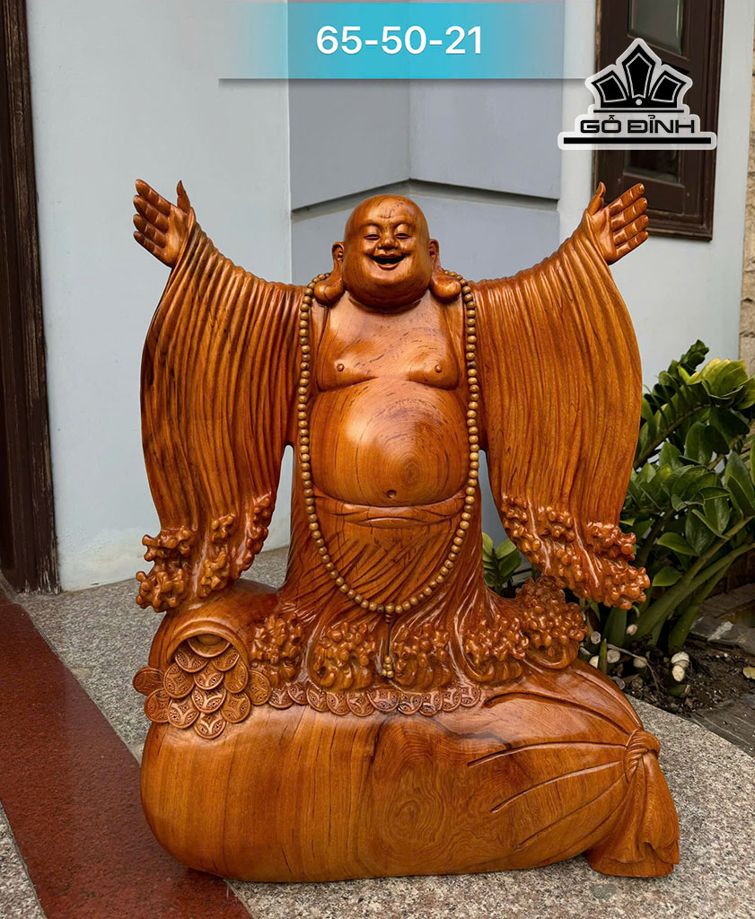 Tượng Phật Di Lặc Nghênh Hỷ Tứ Phương Gỗ Ngọc Am Cao 65 Ngang 50 Sâu 21 (cm)