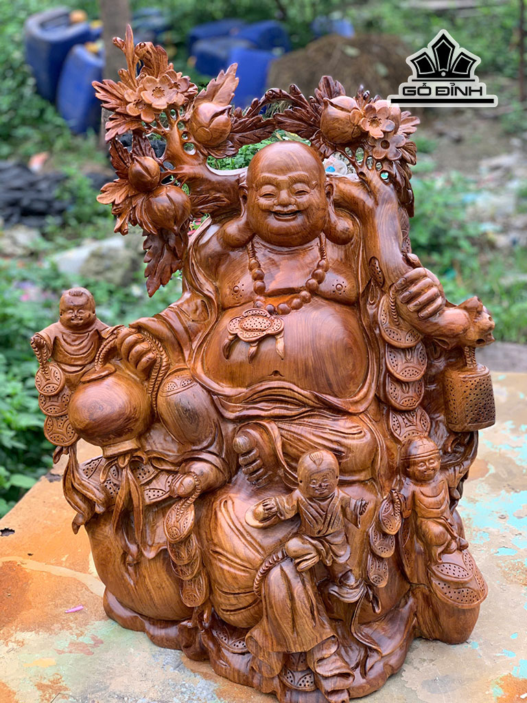 Tượng Phật Di Lặc Tam Phúc Gỗ Hương Cao 74 Ngang 57 Sâu 37 (cm)