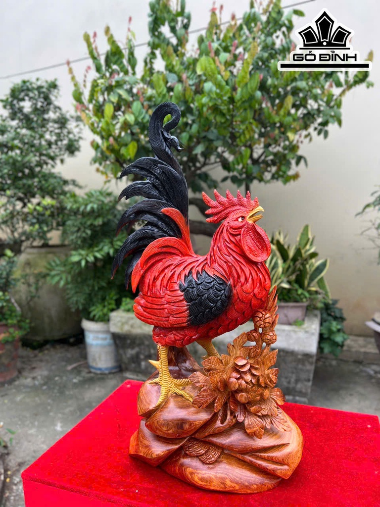 Tượng Gà Trống Gỗ Hương Cao 64 Ngang 34 Sâu 16 (cm)