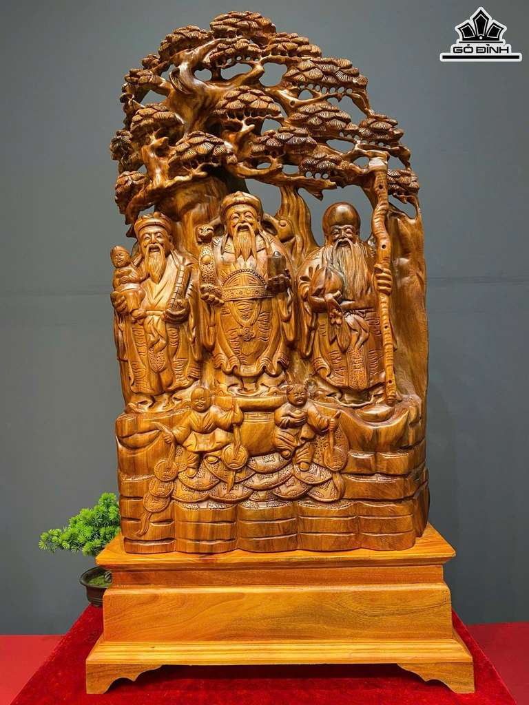 Tượng Phúc Lộc Thọ (Tam Đa) Gỗ Ngọc Am Cao Cả Kỷ 108 Ngang 58 Sâu 30 (cm) - Kỷ Cao 20 (cm)