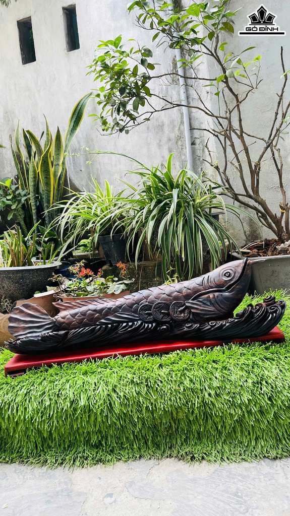 Tượng Cá Kim Long Gỗ Mun Hoa Cao 20 Ngang 60 Sâu 12 (cm)