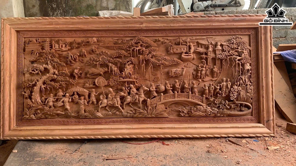 Tranh Vinh Quy Bái Tổ Gỗ Hương Đá Kích Thước 107x237x8 (cm)