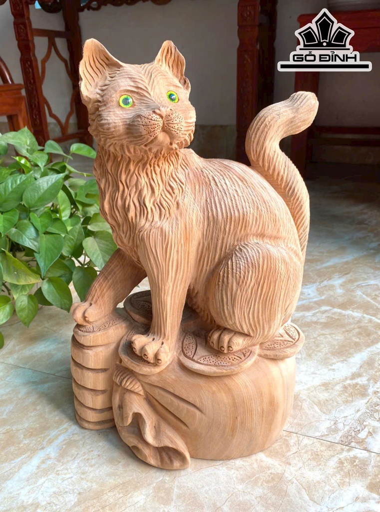Tượng Mèo Gỗ Ngọc Am Cao 44 Ngang 28 Sâu 21 (cm) - 10kg