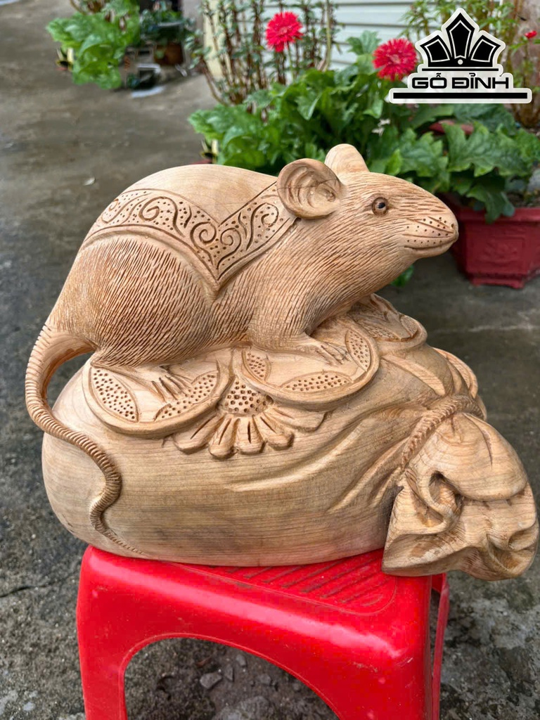 Tượng Chuột Phong Thủy Gỗ Ngọc Am Cao 20 Ngang 31 Sâu 18 (cm)