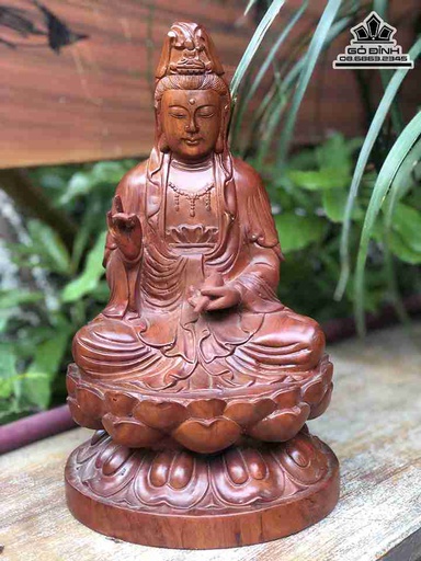 Tượng Phật Bà Quan Âm Ngồi Đài Sen Gỗ Hương  Cao 30 Ngang 17 Sâu 15 (cm)
