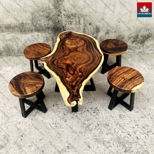 Bộ Bàn Trà 5 Ghế Đẩu Gỗ Me Tây Bàn Dài 100 Rộng 55 Dày 5 Cao 55 Ghế Đường Kính 30 Mặt Dày 5 Cao 35 (cm)