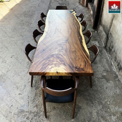 Bàn Ăn 10 Ghế Gỗ Me Tây Nguyên Khối Dài 300 Rộng 90-95 Dày 7 Cao 78 (cm)