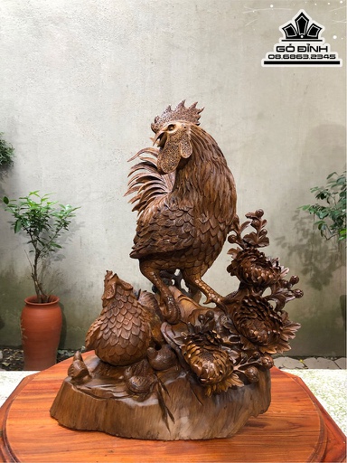 Tượng Gia Đình Gà Gỗ Bách Xanh Cao 62 Ngang 46 Sâu 40 (cm)
